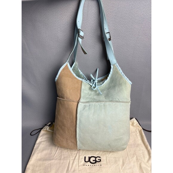 Ugg Tote Hobo Purse Shoulder Bag Bucket Sherpa Shearling Wool Baby Blue Tan - Picture 7 of 12